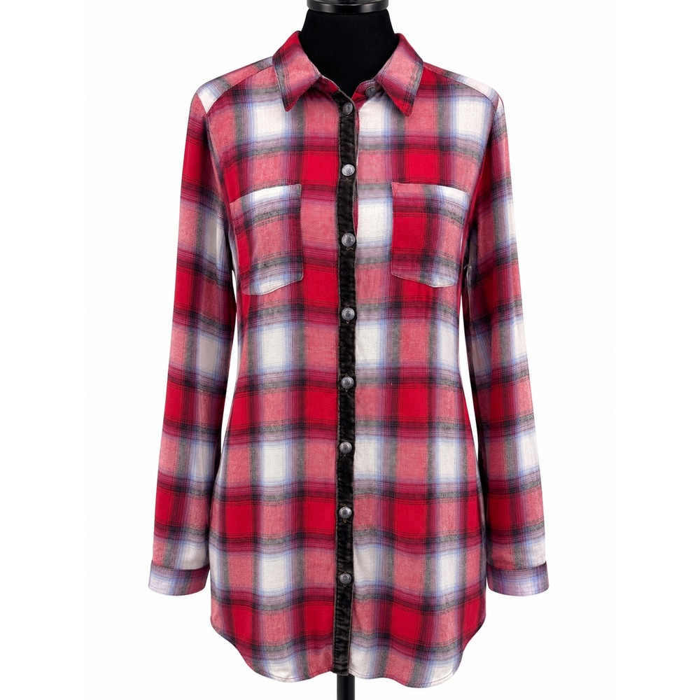 Soft Surroundings Womens L Plaid Floral Tapestry Back Tunic Shirt Button Front